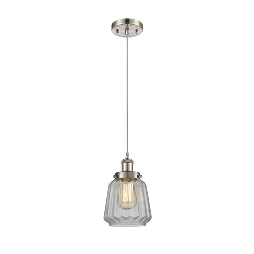 Innovations Chatham 7in 1-Light Mini Pendant | Modern Transitional Brushed Satin Nickel Steel and Clear Ribbed Glass Shade | Model 916-1P-SN-G142
