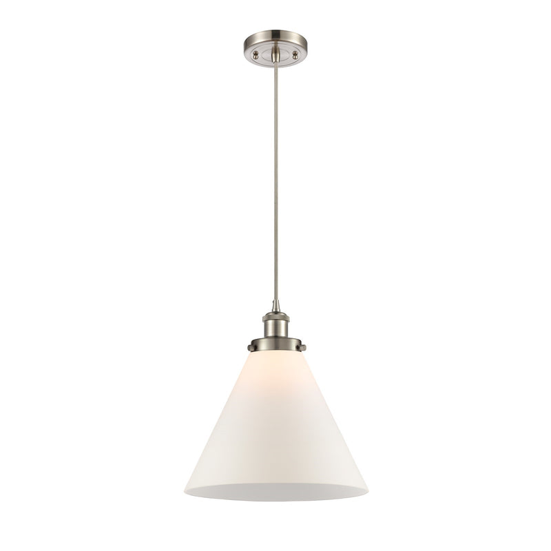 Innovations Cone 12in 1-Light Mini Pendant | Industrial Brushed Satin Nickel Steel and Matte White Frosted Glass | Kitchen Island | Model 916-1P-SN-G41-L