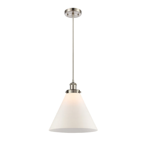 Innovations Cone 12in 1-Light Mini Pendant | Industrial Brushed Satin Nickel Steel and Matte White Frosted Glass | Kitchen | Model 916-1P-SN-G41-L-LED
