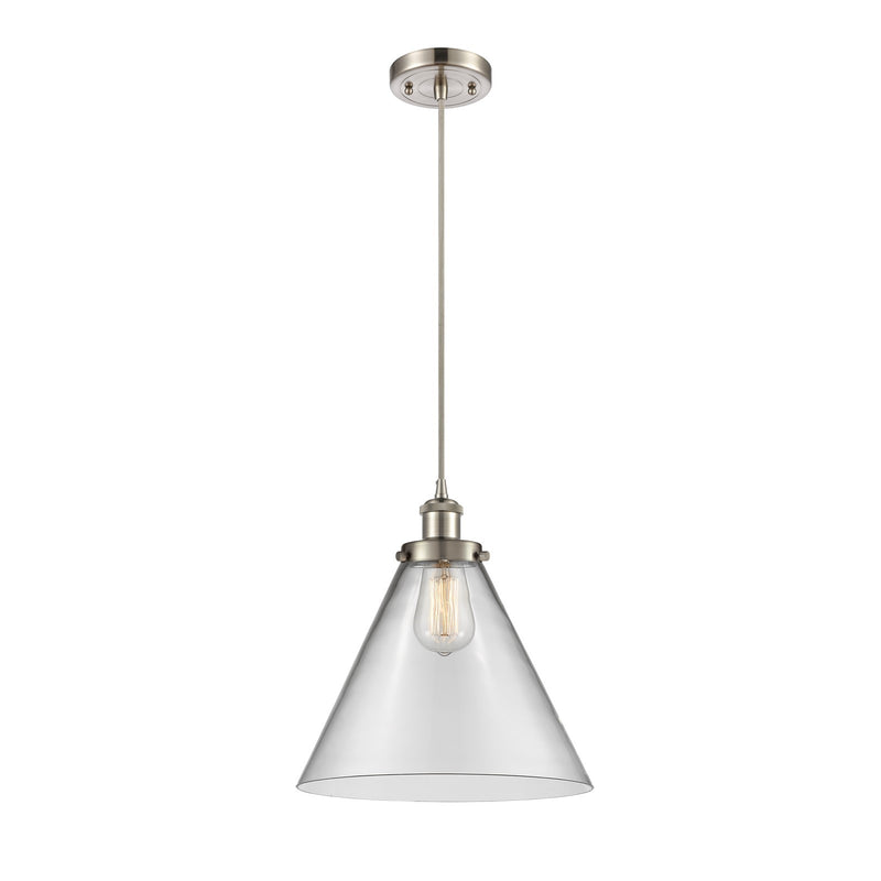 Innovations Cone 12in 1-Light Mini Pendant | Industrial Brushed Satin Nickel Steel and Clear Transparent Glass | Kitchen Island & | Model 916-1P-SN-G42-L