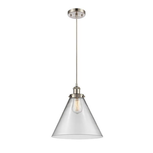 Innovations Cone 12in 1-Light Mini Pendant | Industrial Brushed Satin Nickel Steel and Clear Transparent Glass | Kitchen Island & | Model 916-1P-SN-G42-L