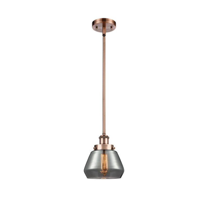 Innovations Fulton 7in 1-Light Mini Pendant | Modern Contempo Antique Copper Steel and Light Smoke Schoolhouse Glass | Kitchen | Model 916-1S-AC-G173
