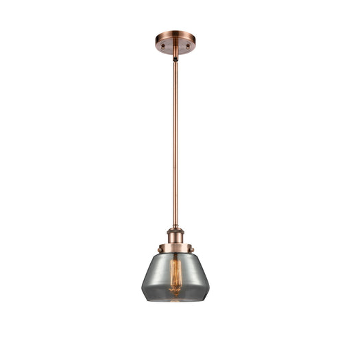 Innovations Fulton 7in 1-Light Mini Pendant | Modern Contempo Antique Copper Steel and Light Smoke Schoolhouse Glass | Kitchen | Model 916-1S-AC-G173