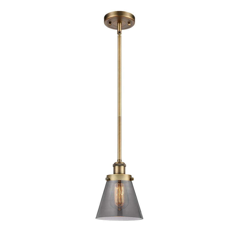 Innovations Cone 6in 1-Light LED Mini Pendant | Industrial Brushed Brass and Light Smoke Glass | Kitchen Island & Dining Room | Model 916-1S-BB-G63-LED