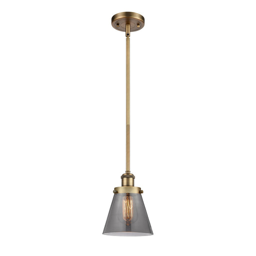 Innovations Cone 6in 1-Light LED Mini Pendant | Industrial Brushed Brass and Light Smoke Glass | Kitchen Island & Dining Room | Model 916-1S-BB-G63-LED