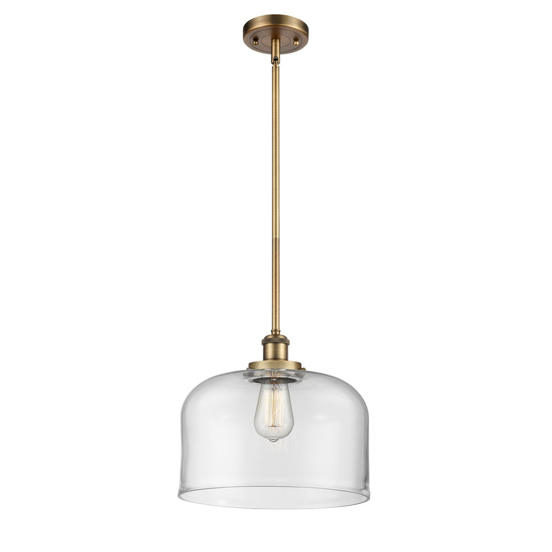 Innovations Bell 12in 1-Light Mini Pendant | Industrial Brushed Brass and Clear Glass | Kitchen Island & Dining Room | Model 916-1S-BB-G72-L-LED