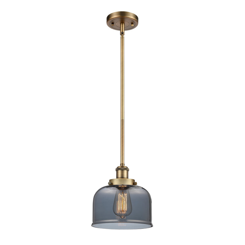 Innovations Bell 8in 1-Light Mini Pendant | Industrial Brushed Brass and Light Smoke Glass | Kitchen Island & Dining Room | Model 916-1S-BB-G73