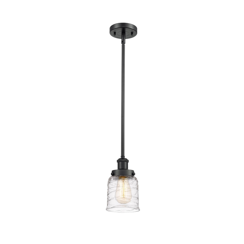Innovations Bell 5in 1-Light Mini Pendant | Industrial Matte Black Steel and Clear Deco Swirl Glass | Kitchen Island & Dining | Model 916-1S-BK-G513-LED