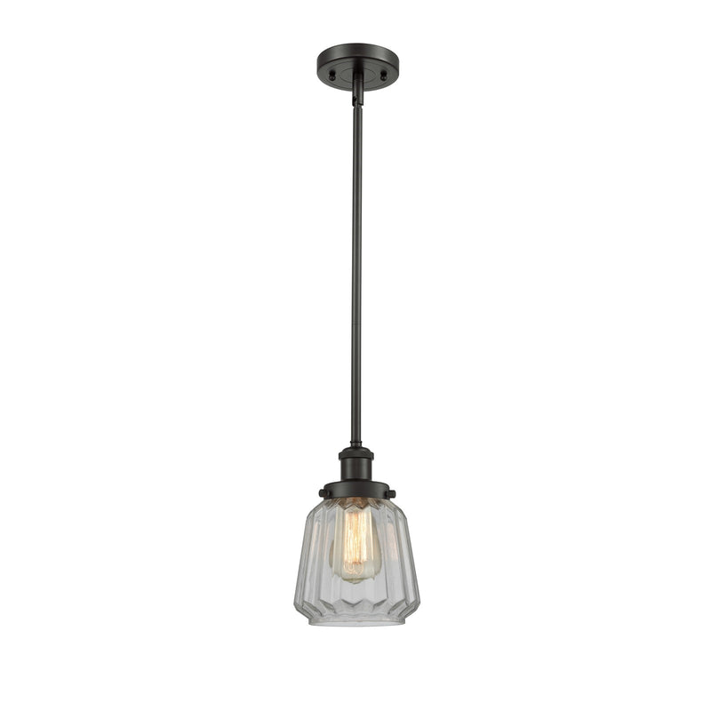 Innovations Chatham 7in 1-Light Mini Pendant | Modern Oil Rubbed Bronze Steel and Clear Ribbed Glass Shade | Kitchen Island & | Model 916-1S-OB-G142