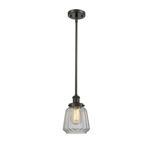 Innovations Chatham 7in 1-Light Mini Pendant | Modern Oil Rubbed Bronze Steel and Clear Ribbed Glass Shade | Kitchen Island & | Model 916-1S-OB-G142