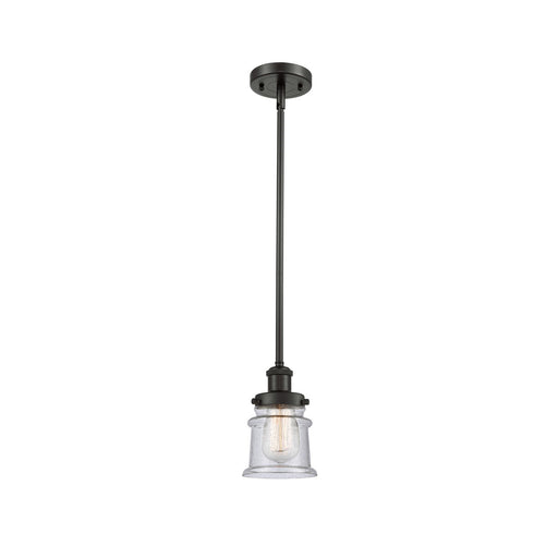 Innovations Canton 5.25in 1-Light Mini Pendant | Oil Rubbed Bronze Steel and Seedy Glass Schoolhouse Shade | Kitchen Island & | Model 916-1S-OB-G184S