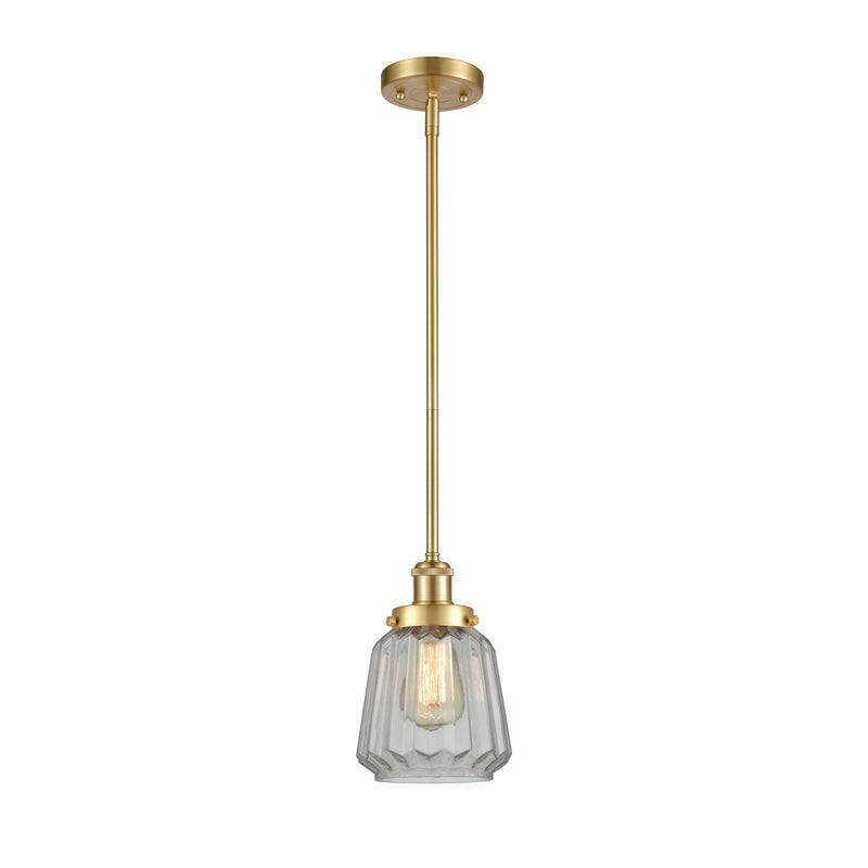 Innovations Chatham 7in 1-Light Mini Pendant | Transitional Satin Gold Steel and Clear Ribbed Glass Shade | Kitchen Island & Dining | Model 916-1S-SG-G142