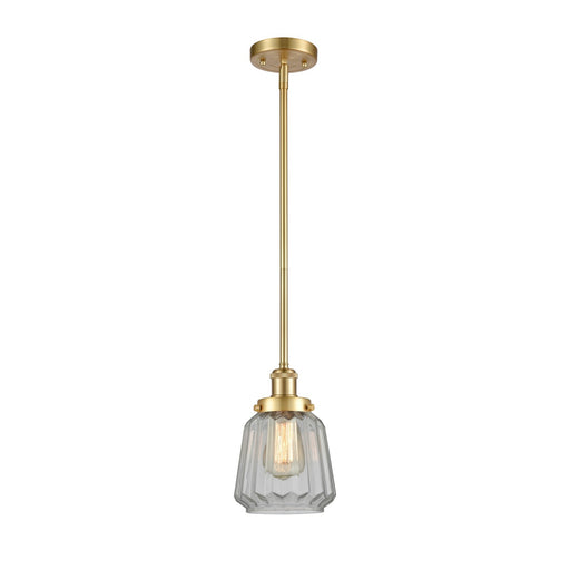 Innovations Chatham 7in 1-Light Mini Pendant | Transitional Satin Gold Steel and Clear Ribbed Glass Shade | Kitchen Island & Dining | Model 916-1S-SG-G142