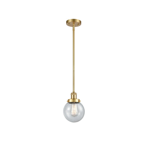 Innovations Beacon 6in 1-Light Mini Pendant | Modern Transitional Satin Gold Steel and Seedy Glass | Kitchen Island & Dining Room | Model 916-1S-SG-G204-6
