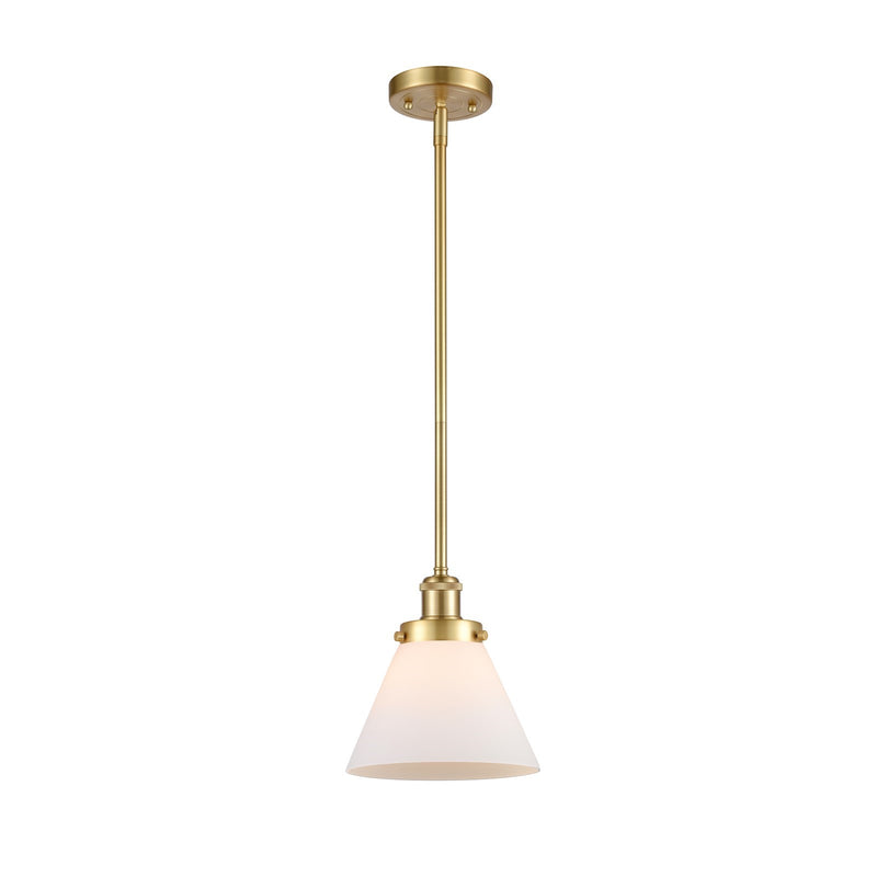 Innovations Cone 8in 1-Light Mini Pendant | Industrial Transitional Satin Gold Steel and Matte White Frosted Glass | Kitchen Island | Model 916-1S-SG-G41