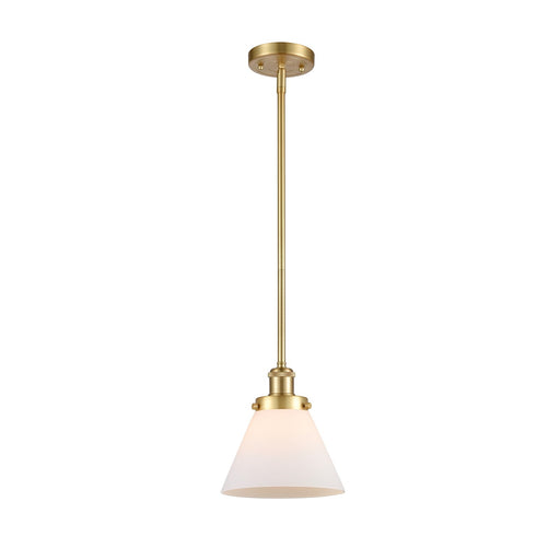 Innovations Cone 8in 1-Light Mini Pendant | Industrial Transitional Satin Gold Steel and Matte White Frosted Glass | Kitchen Island | Model 916-1S-SG-G41