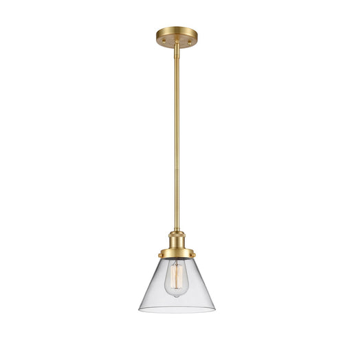 Innovations Cone 8in 1-Light Mini Pendant | Industrial Transitional Satin Gold Steel and Clear Glass | Kitchen Island & Dining Room | Model 916-1S-SG-G42