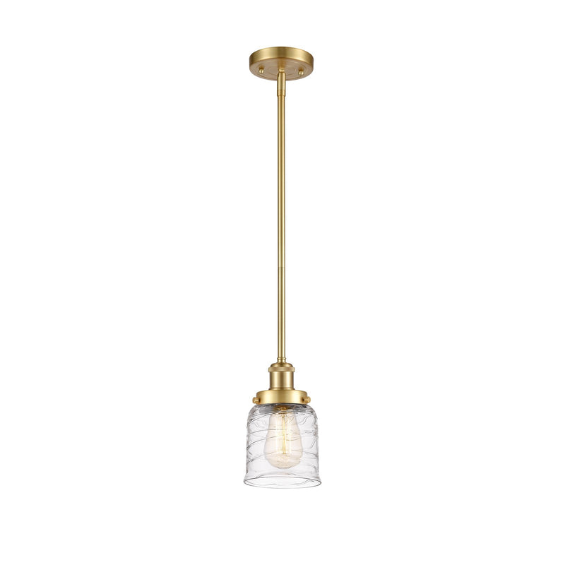 Innovations Bell 5in 1-Light Mini Pendant | Industrial Satin Gold Steel and Clear Deco Swirl Glass | Kitchen Island & Dining Room | Model 916-1S-SG-G513