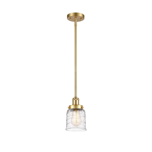 Innovations Bell 5in 1-Light Mini Pendant | Industrial Satin Gold Steel and Clear Deco Swirl Glass | Kitchen Island & Dining Room | Model 916-1S-SG-G513