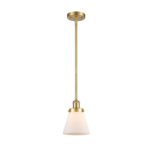 Innovations Cone 6in 1-Light Mini Pendant | Industrial Satin Gold Steel and Matte White Frosted Glass | Kitchen Island & Dining Room | Model 916-1S-SG-G61