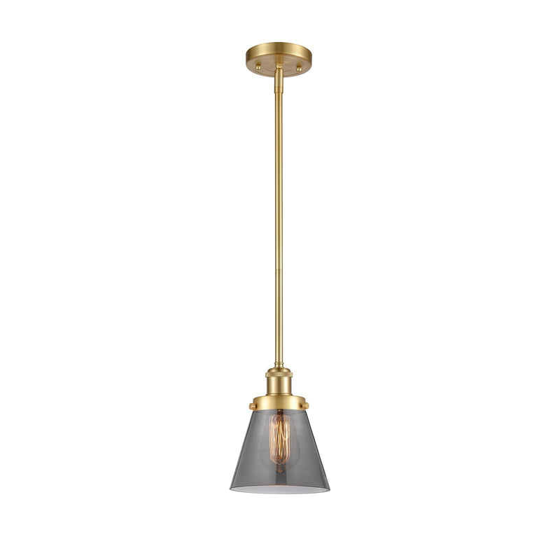 Innovations Cone 6in 1-Light Mini Pendant | Industrial Satin Gold Steel and Light Smoke Colorful Glass | Kitchen Island & Dining | Model 916-1S-SG-G63