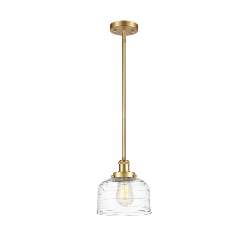 Innovations Bell 8in 1-Light Mini Pendant | Industrial Satin Gold Steel and Clear Deco Swirl Glass | Kitchen Island & Dining Room | Model 916-1S-SG-G713