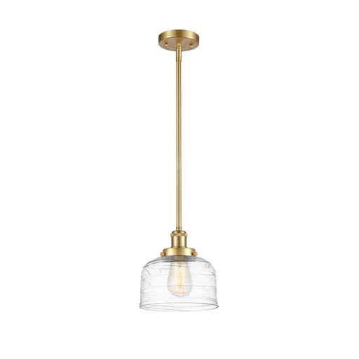Innovations Bell 8in 1-Light Mini Pendant | Industrial Satin Gold Steel and Clear Deco Swirl Glass | Kitchen Island & Dining Room | Model 916-1S-SG-G713