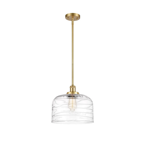 Innovations Bell 12in 1-Light Mini Pendant | Industrial Satin Gold Steel and Clear Deco Swirl Glass | Kitchen Island & Dining | Model 916-1S-SG-G713-L