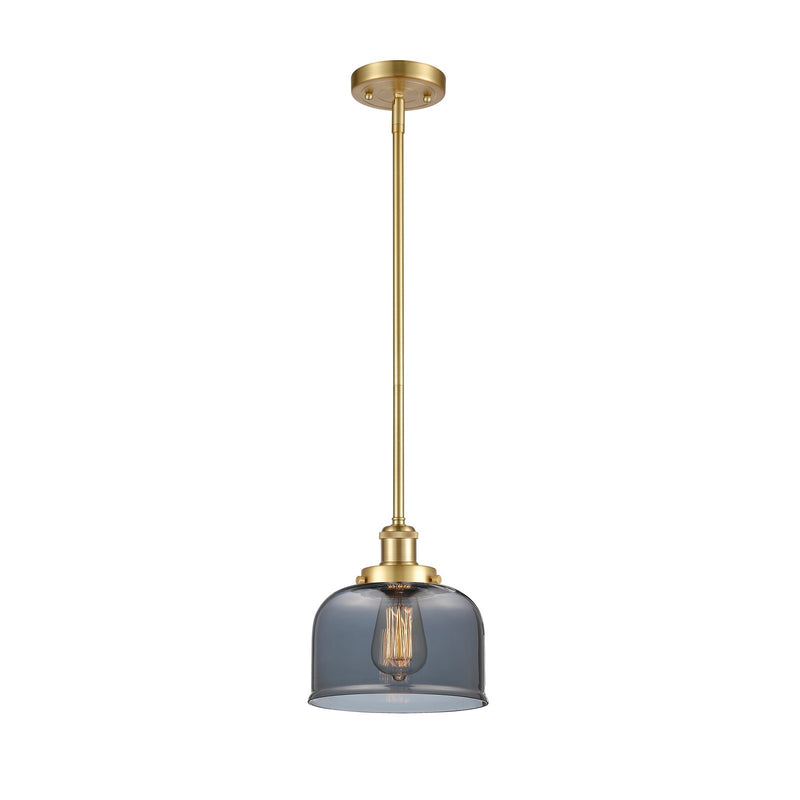 Innovations Bell 8in 1-Light Mini Pendant | Industrial Satin Gold Steel and Light Smoke Glass | Kitchen Island & Dining Room | Damp | Model 916-1S-SG-G73