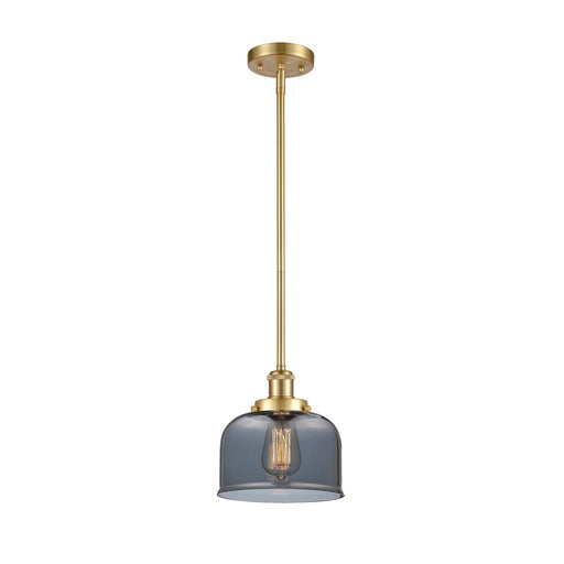 Innovations Bell 8in 1-Light Mini Pendant | Industrial Satin Gold Steel and Light Smoke Glass | Kitchen Island & Dining Room | Damp | Model 916-1S-SG-G73
