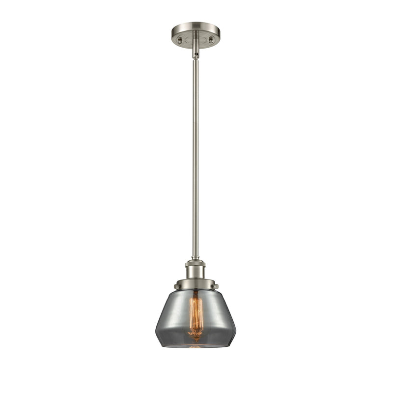 Innovations Fulton 7in 1-Light Mini Pendant | Modern Contemporary Brushed Satin Nickel and Light Smoke Schoolhouse Glass | Kitchen | Model 916-1S-SN-G173