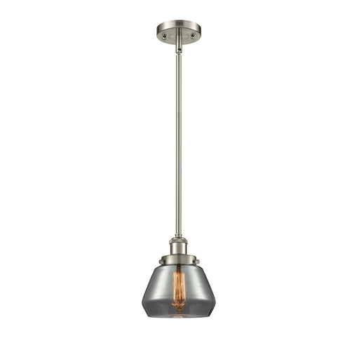Innovations Fulton 7in 1-Light Mini Pendant | Modern Contemporary Brushed Satin Nickel and Light Smoke Schoolhouse Glass | Kitchen | Model 916-1S-SN-G173
