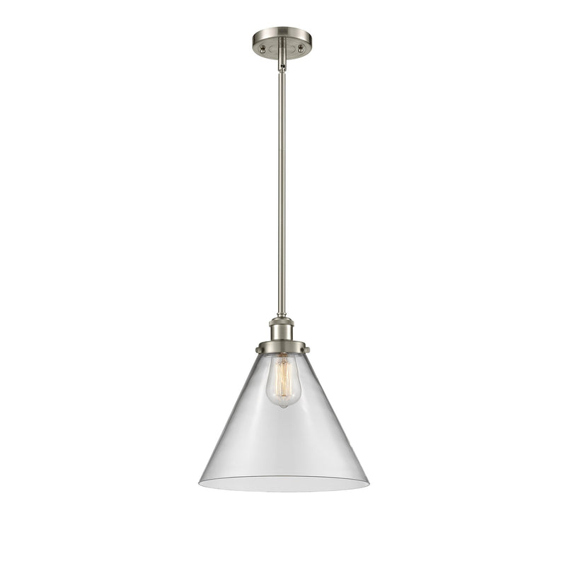 Innovations Cone 12in 1-Light Mini Pendant | Industrial Brushed Satin Nickel Steel and Clear Glass | Kitchen Island & Dining | Model 916-1S-SN-G42-L-LED