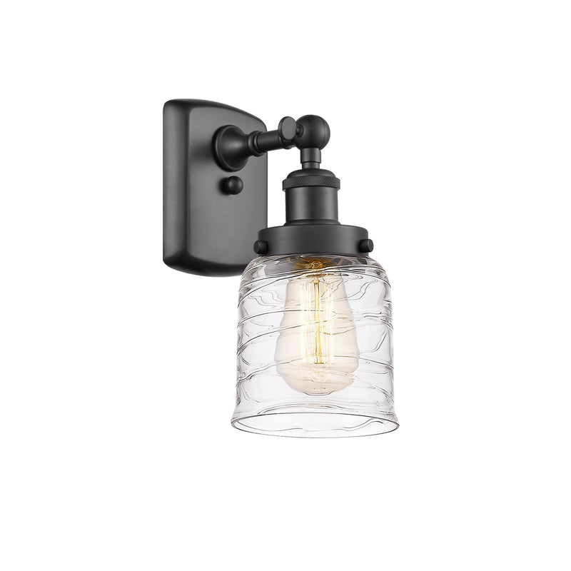 Innovations Bell 5in 1-Light Wall Sconce | Industrial Transitional Matte Black Steel and Clear Deco Swirl Glass | Hallway & | Model 916-1W-BK-G513
