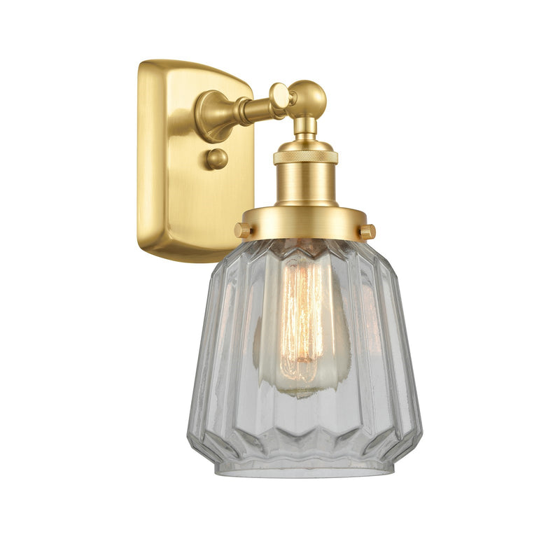 Innovations Chatham 7in 1-Light Wall Sconce | Modern Transitional Satin Gold Steel and Clear Ribbed Glass | Bathroom & Hallway | Model 916-1W-SG-G142