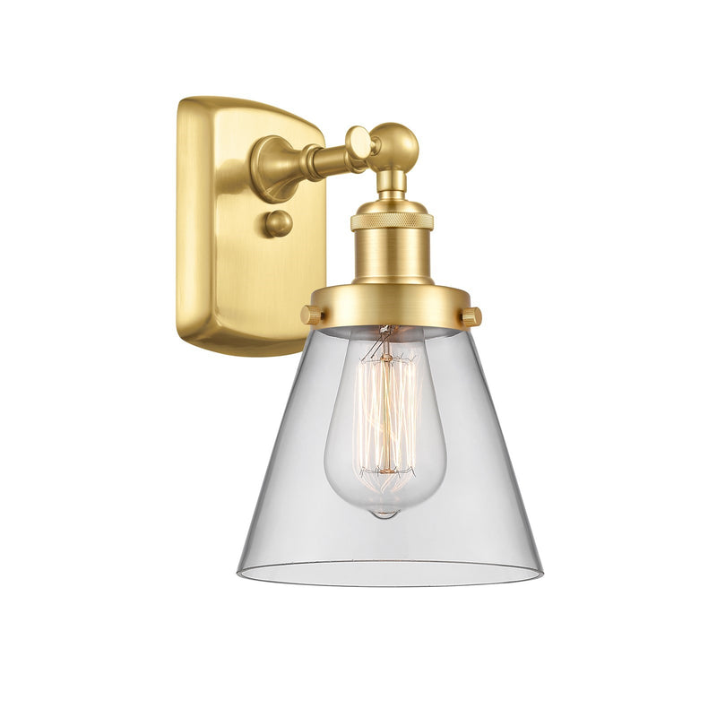 Innovations Cone 6in 1-Light Wall Sconce | Industrial Satin Gold Steel and Clear Glass | Hallway & Bathroom Accent | 6 x 11 x 7.5 in | Model 916-1W-SG-G62