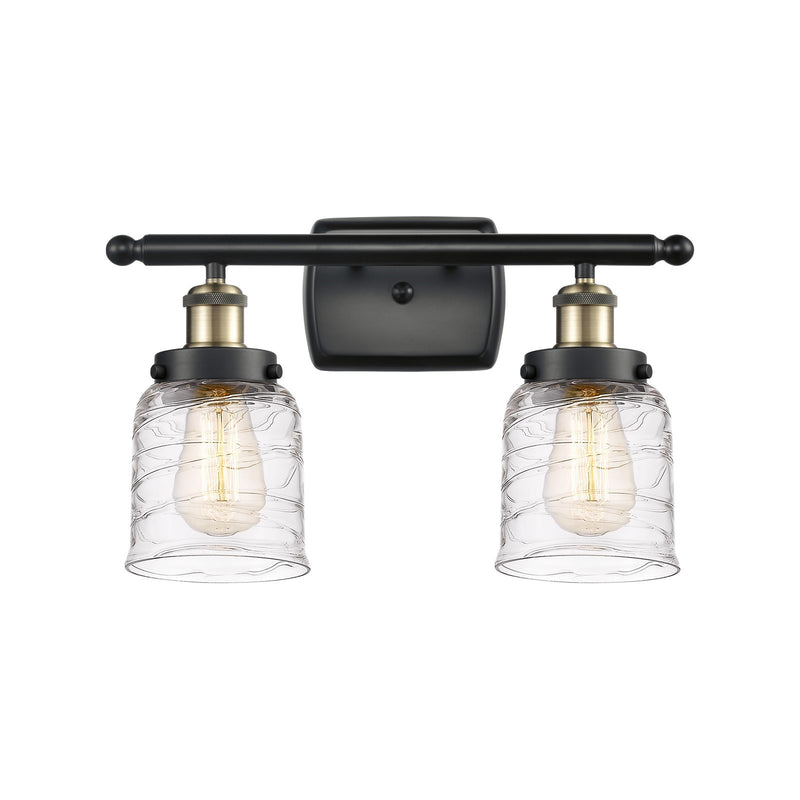Innovations Bell 16in 2-Light Bath Vanity Light | Industrial Black Antique Brass Steel and Clear Deco Swirl Glass | Bathroom | Model 916-2W-BAB-G513-LED