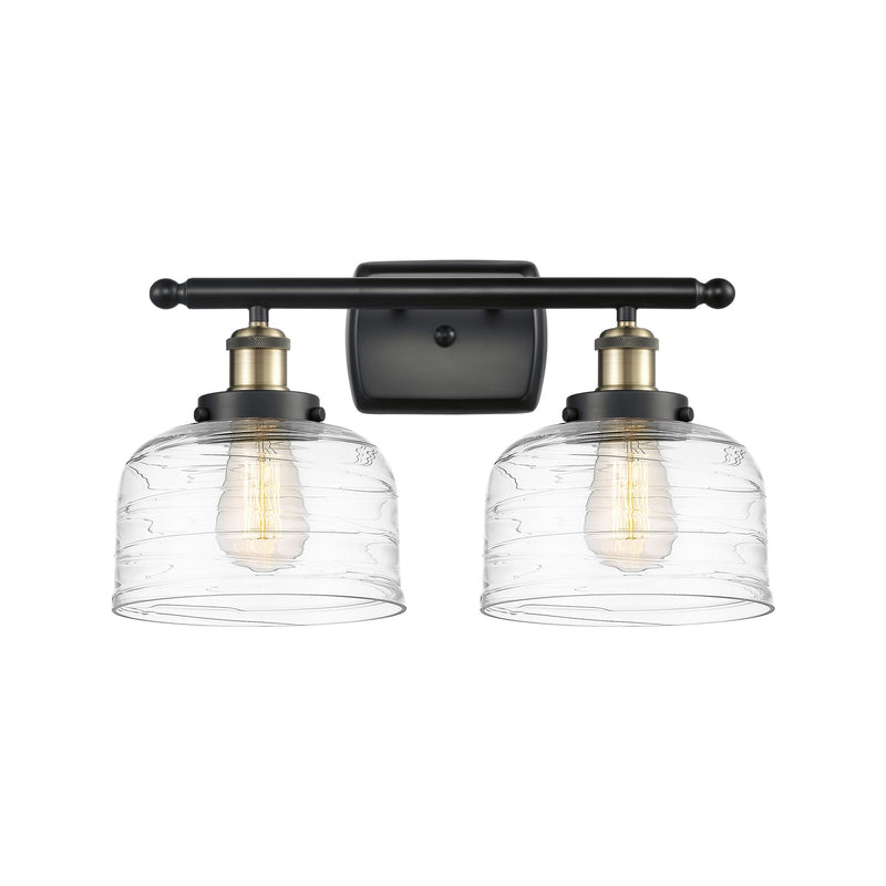 Innovations Bell 18in 2-Light Bath Vanity Light | Industrial Black Antique Brass Steel and Clear Deco Swirl Glass | Bathroom | Model 916-2W-BAB-G713