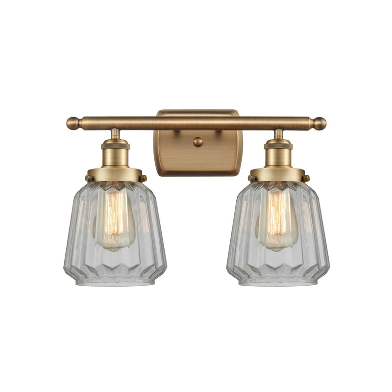 Innovations Chatham 17in 2-Light Bath Vanity Light | Transitional Brushed Brass and Clear Ribbed Glass Shade | Bathroom Vanity | Model 916-2W-BB-G142