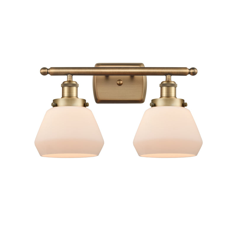 Innovations Fulton 17in 2-Light Bath Vanity Light | Modern Transitional Brushed Brass and Matte White Frosted Glass | Bathroom | Model 916-2W-BB-G171