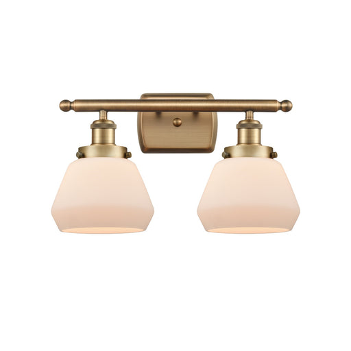 Innovations Fulton 17in 2-Light Bath Vanity Light | Modern Transitional Brushed Brass and Matte White Frosted Glass | Bathroom | Model 916-2W-BB-G171