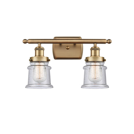 Innovations Canton 16in 2-Light Bath Vanity Light | Brushed Brass Steel and Cast Brass with Seedy Glass Schoolhouse Shades | Model 916-2W-BB-G184S