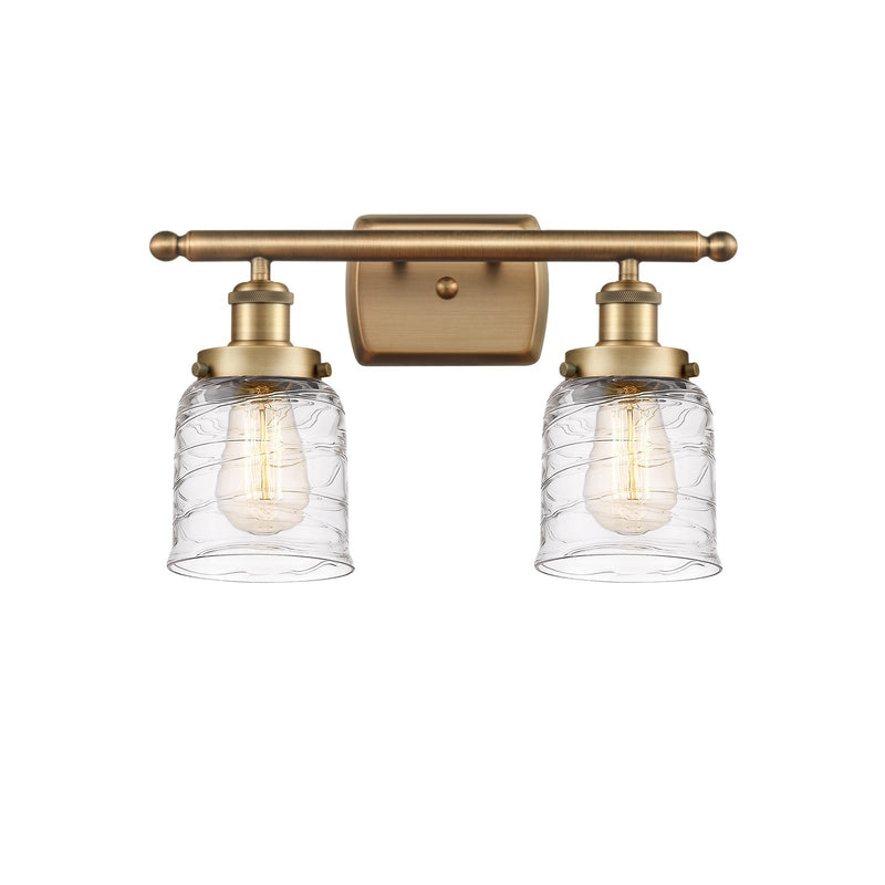 Innovations Bell 16in 2-Light Bath Vanity Light | Brushed Brass Steel and Cast Brass with Clear Deco Swirl Glass Bell Shades | Model 916-2W-BB-G513
