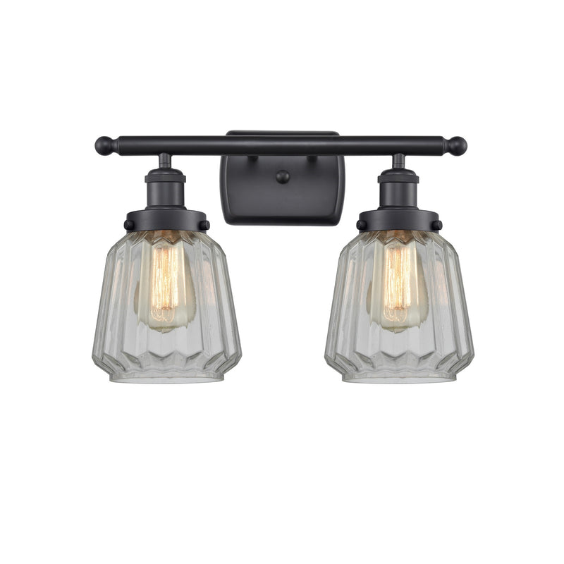 Innovations Chatham 17in 2-Light Bath Vanity Light | Modern Matte Black and Clear Ribbed Glass | Bathroom Vanity | 17 x 12 in | Model 916-2W-BK-G142