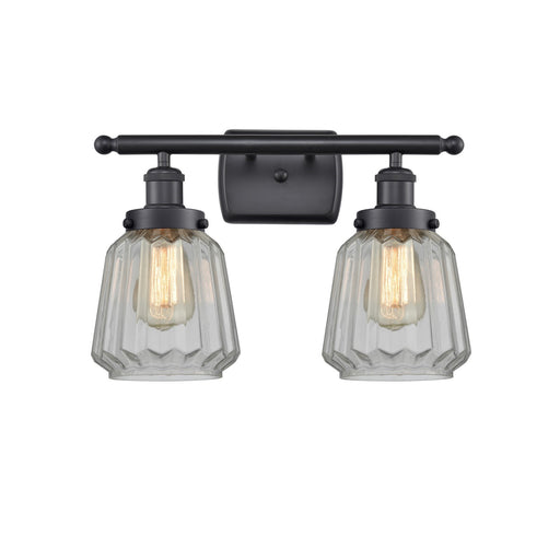 Innovations Chatham 17in 2-Light Bath Vanity Light | Modern Matte Black and Clear Ribbed Glass | Bathroom Vanity | 17 x 12 in | Model 916-2W-BK-G142