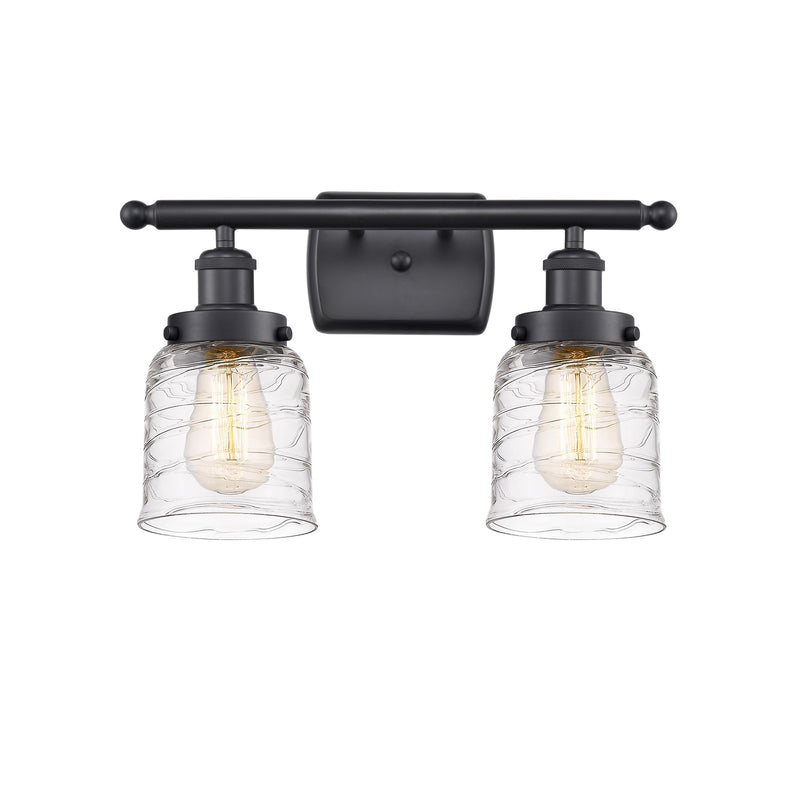Innovations Bell 16in 2-Light Bath Vanity Light | Industrial Matte Black Steel and Clear Deco Swirl Glass | Bathroom Vanity | Model 916-2W-BK-G513