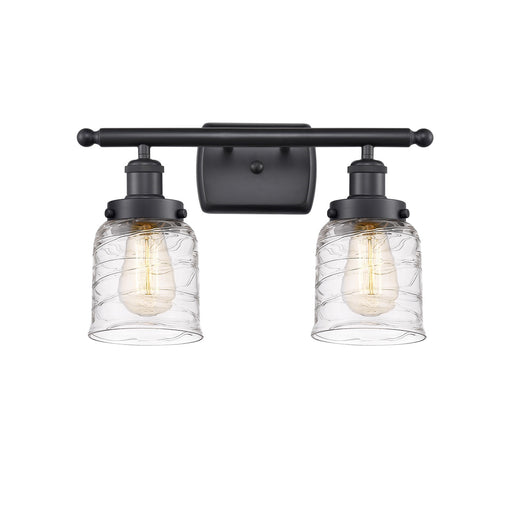 Innovations Bell 16in 2-Light Bath Vanity Light | Industrial Matte Black Steel and Clear Deco Swirl Glass | Bathroom Vanity | Model 916-2W-BK-G513