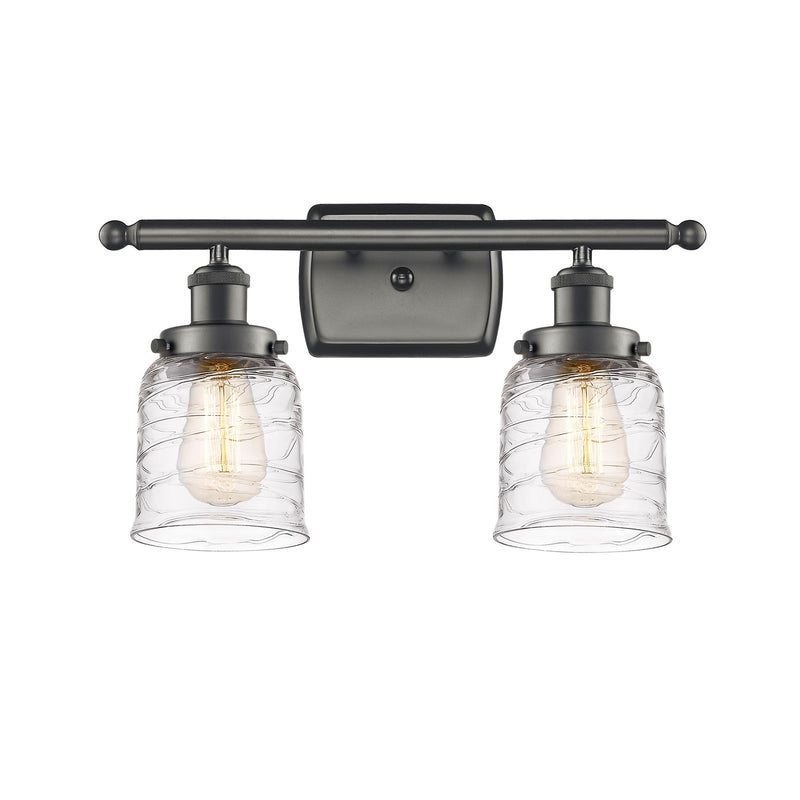 Innovations Bell 16in 2-Light Bath Vanity Light | Industrial Oil Rubbed Bronze Steel and Clear Deco Swirl Glass | Bathroom | Model 916-2W-OB-G513-LED