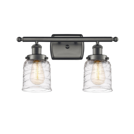 Innovations Bell 16in 2-Light Bath Vanity Light | Industrial Oil Rubbed Bronze Steel and Clear Deco Swirl Glass | Bathroom | Model 916-2W-OB-G513-LED