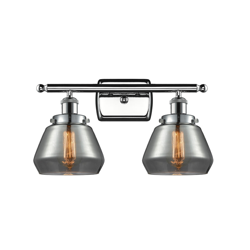Innovations Fulton 17in 2-Light Bath Vanity Light | Modern Transitional Polished Chrome and Light Smoked Glass Schoolhouse Shade | Model 916-2W-PC-G173